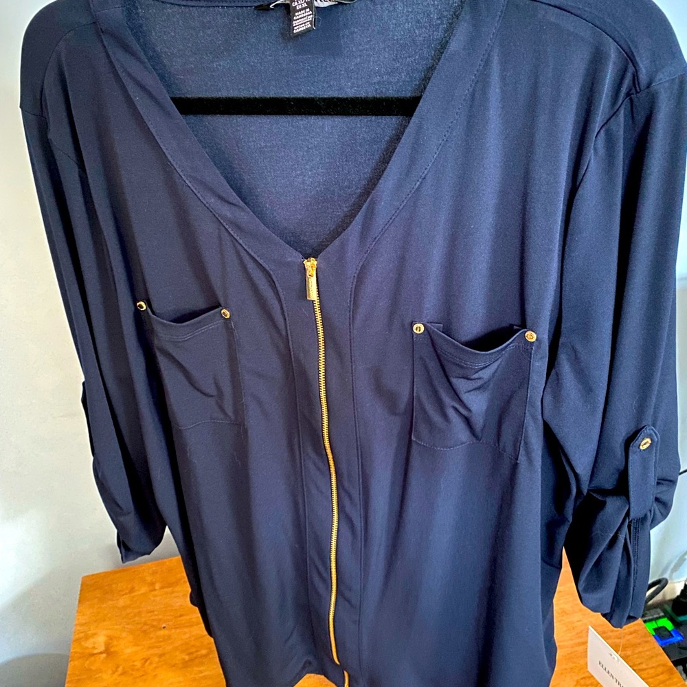 Zip front navy blouse